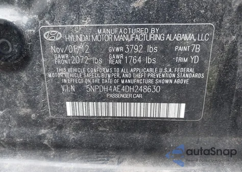 2013 Hyundai Elantra Gls z USA, uszkodzony, nr VIN 5NPDH4AE4DH248630